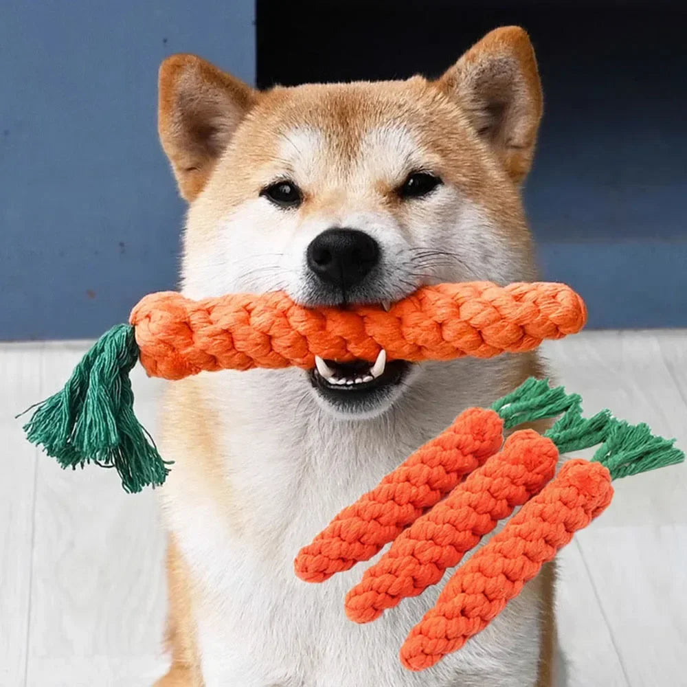 Carrot Shaped Dog Chew Toy Woven Cotton Rope Bite-Resistant Great for Dog Teeth Cleaning and Molar